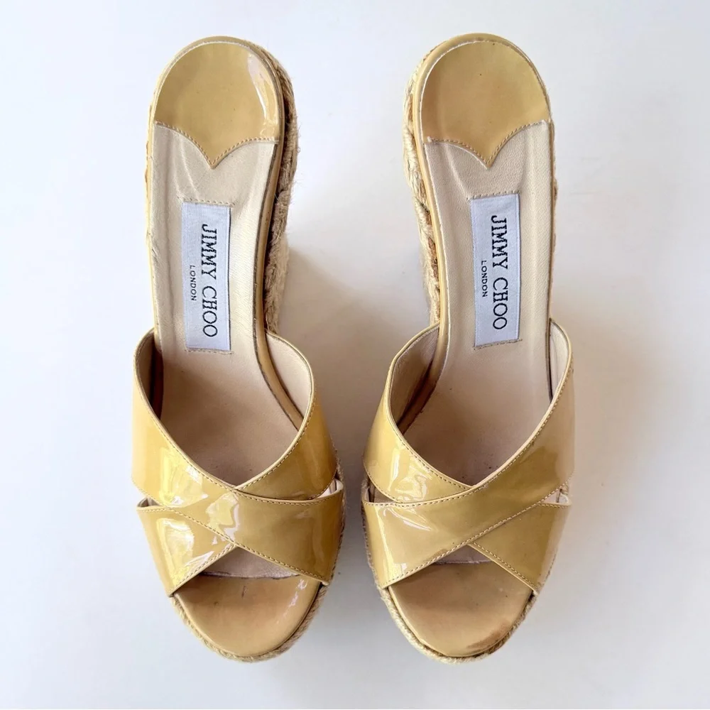 Jimmy Choo Patent Leather Espadrille Wedge Sandals Tan Camel 39